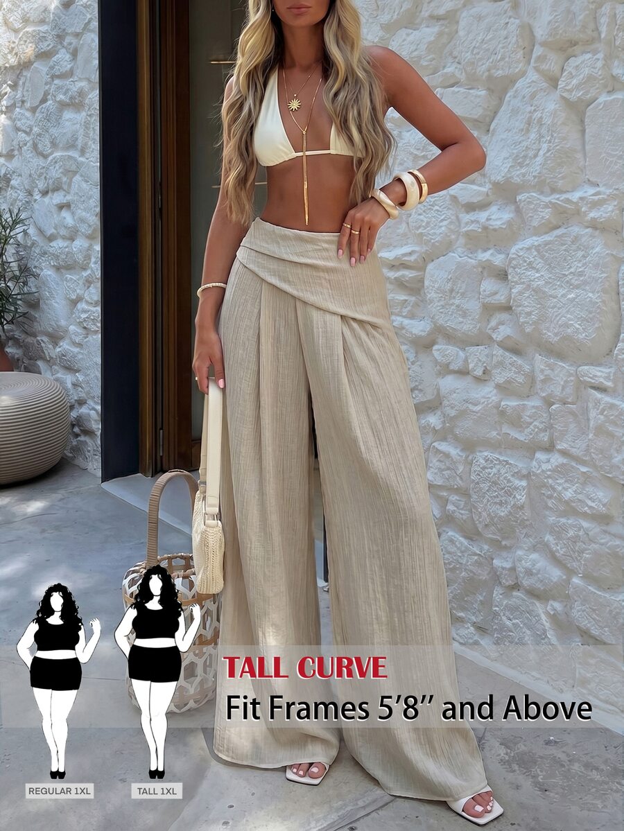 SHEIN Tall CURVE Plus Size Women's Solid Color Pleated Casual Versatile Daily Wear Wide Leg Pants Fall - Khaki - View 1