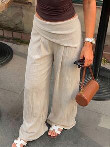 SHEIN Tall CURVE Plus Size Women's Solid Color Pleated Casual Versatile Daily Wear Wide Leg Pants Fall - Khaki - View 5