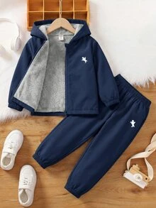 SHEIN 2件組兒童藍色夾克與棕色抓絨內搭褲，針織套裝，適合通勤、上學、休閒穿著、度假旅行、運動、冬季與新年出遊 - 藏蓝色 - 查看 4