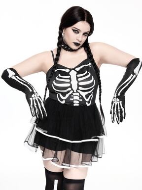 Goth Vestido mini tipo pastel de mujer talla grande con tirantes de malla y estampado de huesos de esqueleto oscuro para cosplay de Halloween