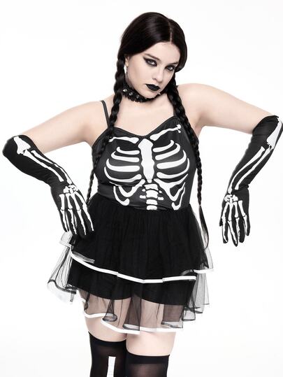 Goth Halloween Cosplay Dark Skeleton Bone Print Mesh Strap Plus Size Women's Mini Cake Dress