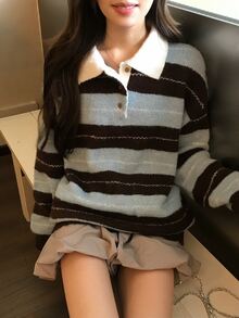 DAZY Women's Collared Striped Korean Style Long Sleeve Sweater, Autumn/Winter - Blue - View 3