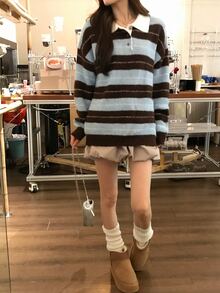 DAZY Women's Collared Striped Korean Style Long Sleeve Sweater, Autumn/Winter - Blue - View 8