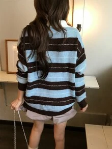 DAZY Women's Collared Striped Korean Style Long Sleeve Sweater, Autumn/Winter - Blue - View 2