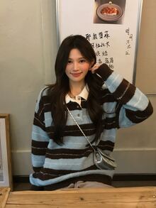 DAZY Women's Collared Striped Korean Style Long Sleeve Sweater, Autumn/Winter - Blue - View 9