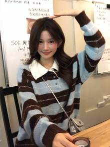DAZY Women's Collared Striped Korean Style Long Sleeve Sweater, Autumn/Winter - Blue - View 1