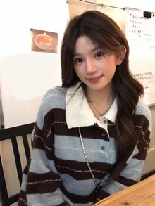 DAZY Women's Collared Striped Korean Style Long Sleeve Sweater, Autumn/Winter - Blue - View 4