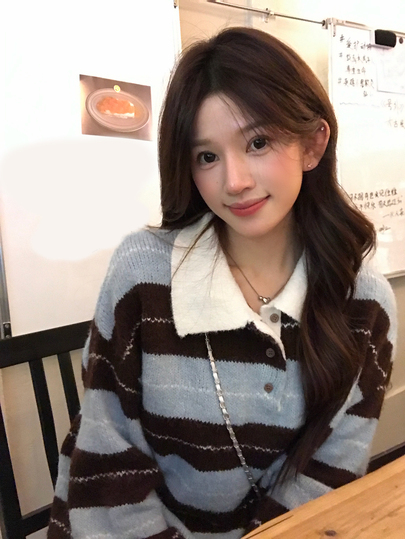 DAZY Women's Collared Striped Korean Style Long Sleeve Sweater, Autumn/Winter