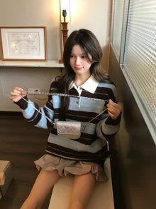 DAZY Women's Collared Striped Korean Style Long Sleeve Sweater, Autumn/Winter - Blue - View 10