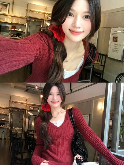DAZY Women's V-Neck Solid Color Korean Style Long Sleeve Sweater