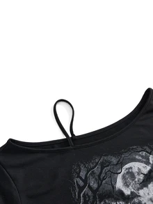 ROMWE Goth Sweatshirt Longgar Bahu Asimetris Wanita Ukuran Plus Motif Kucing Hitam Gelap Misterius Halloween - Hitam - View 4