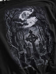 ROMWE Goth Sweatshirt Longgar Bahu Asimetris Wanita Ukuran Plus Motif Kucing Hitam Gelap Misterius Halloween - Hitam - View 2