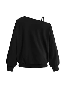 ROMWE Goth Sweatshirt Longgar Bahu Asimetris Wanita Ukuran Plus Motif Kucing Hitam Gelap Misterius Halloween - Hitam - View 3