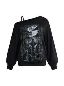 ROMWE Goth Sweatshirt Longgar Bahu Asimetris Wanita Ukuran Plus Motif Kucing Hitam Gelap Misterius Halloween - Hitam - View 1