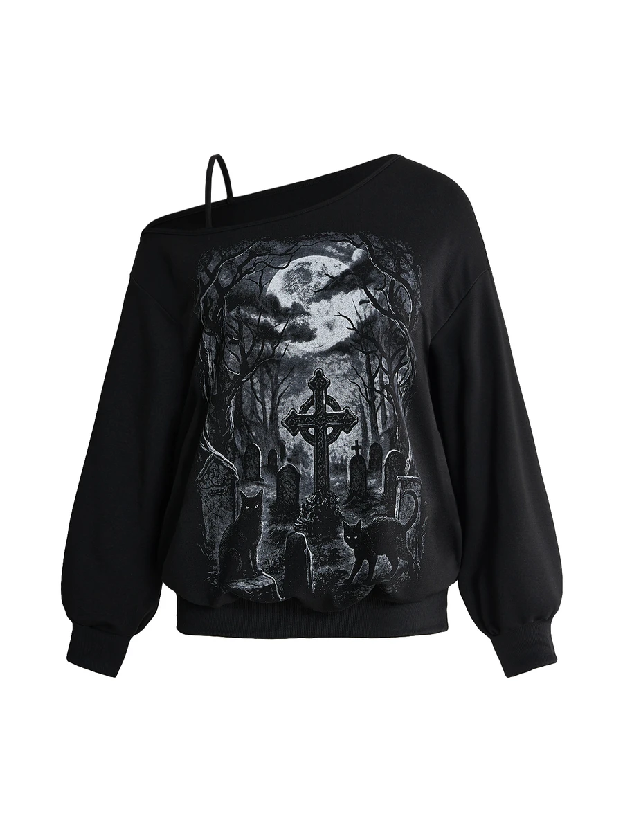 ROMWE Goth Sweatshirt Longgar Bahu Asimetris Wanita Ukuran Plus Motif Kucing Hitam Gelap Misterius Halloween - Hitam - View 1