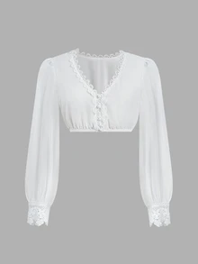 Fairmaia German Traditional Women's Lace Patchwork Cropped Top - White - View 8