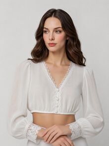 Fairmaia German Traditional Women's Lace Patchwork Cropped Top - White - View 9