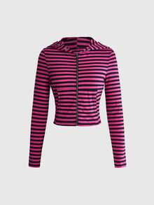 ROMWE Grunge Punk Women's Striped Colorblock Hooded Long Sleeve Sweatshirt And Flare Pants Casual Daily Set - Pink - View 8