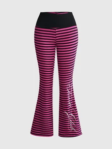 ROMWE Grunge Punk Women's Striped Colorblock Hooded Long Sleeve Sweatshirt And Flare Pants Casual Daily Set - Pink - View 6