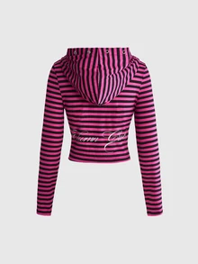 ROMWE Grunge Punk Women's Striped Colorblock Hooded Long Sleeve Sweatshirt And Flare Pants Casual Daily Set - Pink - View 5