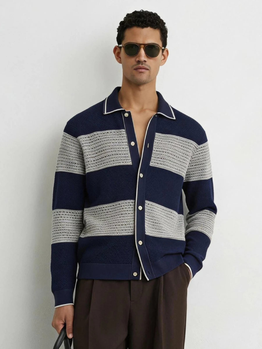 Marvello Homme 男士秋冬休閒拼色拼接開襟羊毛衫 節日度假風 秋冬街頭穿搭 冬季 - 彩色 - 查看 1
