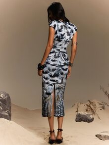TypaGal Women's Modern Sexy Feather Print Pleated Hollow Cut Out Design Long Midi Dress Night Out Summer Going Out - Multicolor - View 2