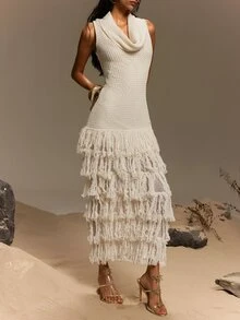 TypaGal Women's Fashion Modern Beige Knit Cowl Neck Sleeveless Dress With Tassel Hem - Beige - View 4