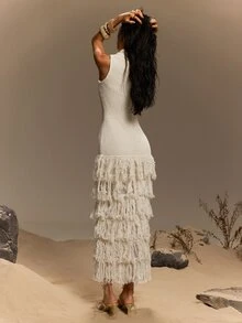 TypaGal Women's Fashion Modern Beige Knit Cowl Neck Sleeveless Dress With Tassel Hem - Beige - View 2