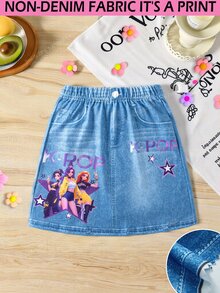 SHEIN 女童休闲牛仔布字母卡通人物印花半身裙 - 藍色 - 查看 1