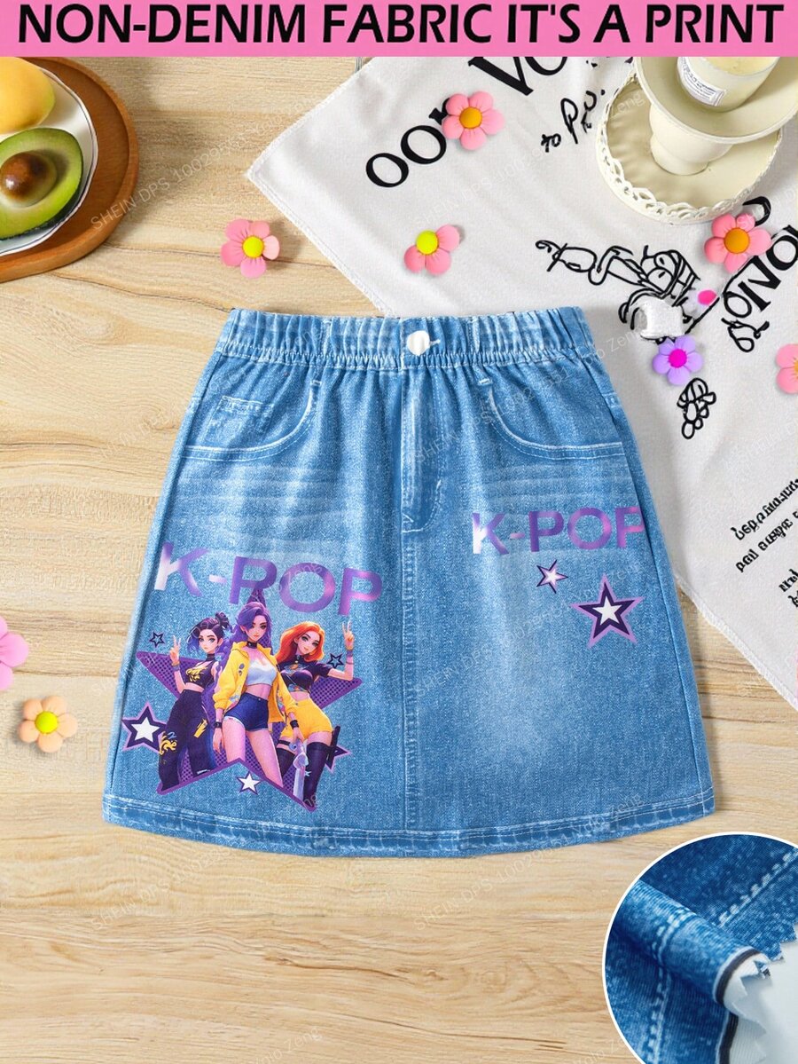 SHEIN 女童休闲牛仔布字母卡通人物印花半身裙 - 藍色 - 查看 1