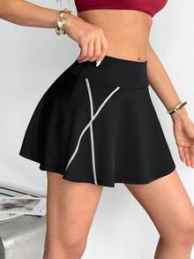 SHEIN Sports Women's Contrast Stitching Sports Skort - Black - View 1