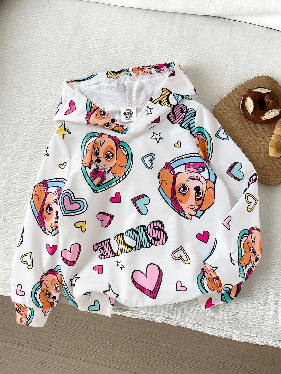 SHEIN | PAW Patrol 1件女童休閒仙女公主風可愛卡通蝴蝶結印花狗狗圖案連帽抓絨衛衣,適合秋冬7歲生日,白色 - 彩色 - 查看 1