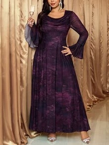 Reflora Plus Size Women's Tie-Dye Elegant Dress With Cowl Neck And Bell Sleeves - Multicolor - View 8
