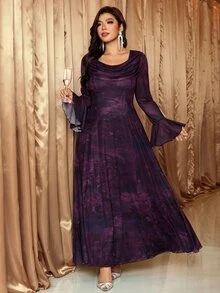 Reflora Plus Size Women's Tie-Dye Elegant Dress With Cowl Neck And Bell Sleeves - Multicolor - View 7