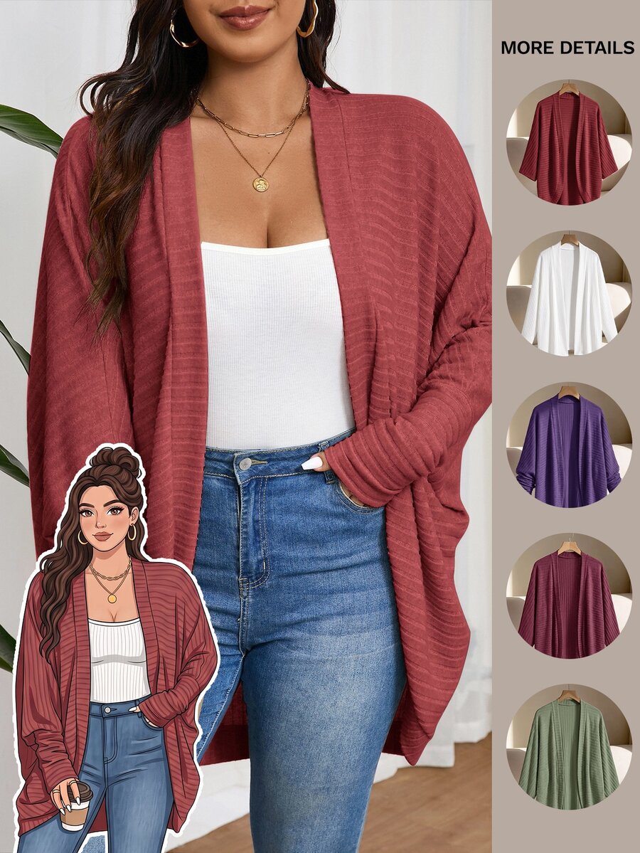 SHEIN Frenchy 大码休闲宽松罗纹拉绒针织开衫 - 紅色 - 查看 1