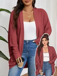 SHEIN Frenchy 大码休闲宽松罗纹拉绒针织开衫 - 紅色 - 查看 7