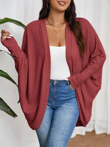 SHEIN Frenchy 大码休闲宽松罗纹拉绒针织开衫 - 紅色 - 查看 4