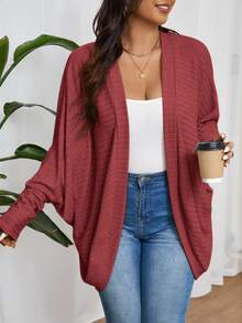 SHEIN Frenchy 大码休闲宽松罗纹拉绒针织开衫 - 紅色 - 查看 5
