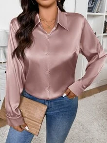 SHEIN Frenchy 休闲简约杏色缎面基本款前开襟衬衫，适合办公室、通勤和日常穿着，加大码 - 粉色 - 查看 3