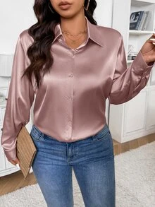 SHEIN Frenchy 休闲简约杏色缎面基本款前开襟衬衫，适合办公室、通勤和日常穿着，加大码 - 粉色 - 查看 4