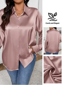 SHEIN Frenchy 休闲简约杏色缎面基本款前开襟衬衫，适合办公室、通勤和日常穿着，加大码 - 粉色 - 查看 1