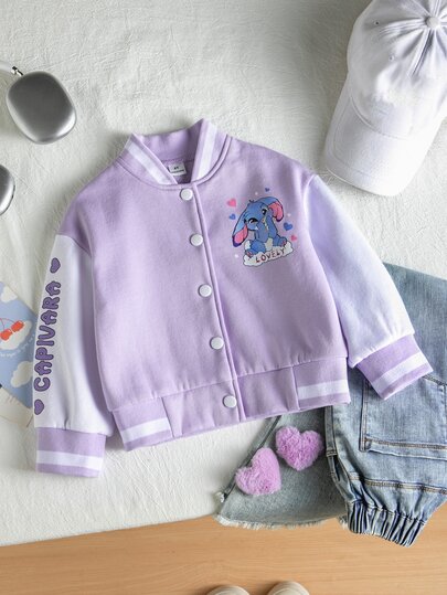 Girls Cute Doll Print Purple & White Colorblock Baseball Jacket, Autumn/Winter