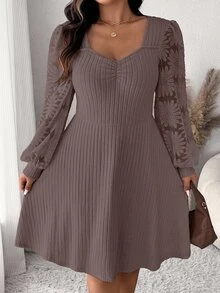 SHEIN Frenchy Plus Size Women's Solid Color Minimalist Long Sleeve Dress Fall - Coffee Brown - View 2