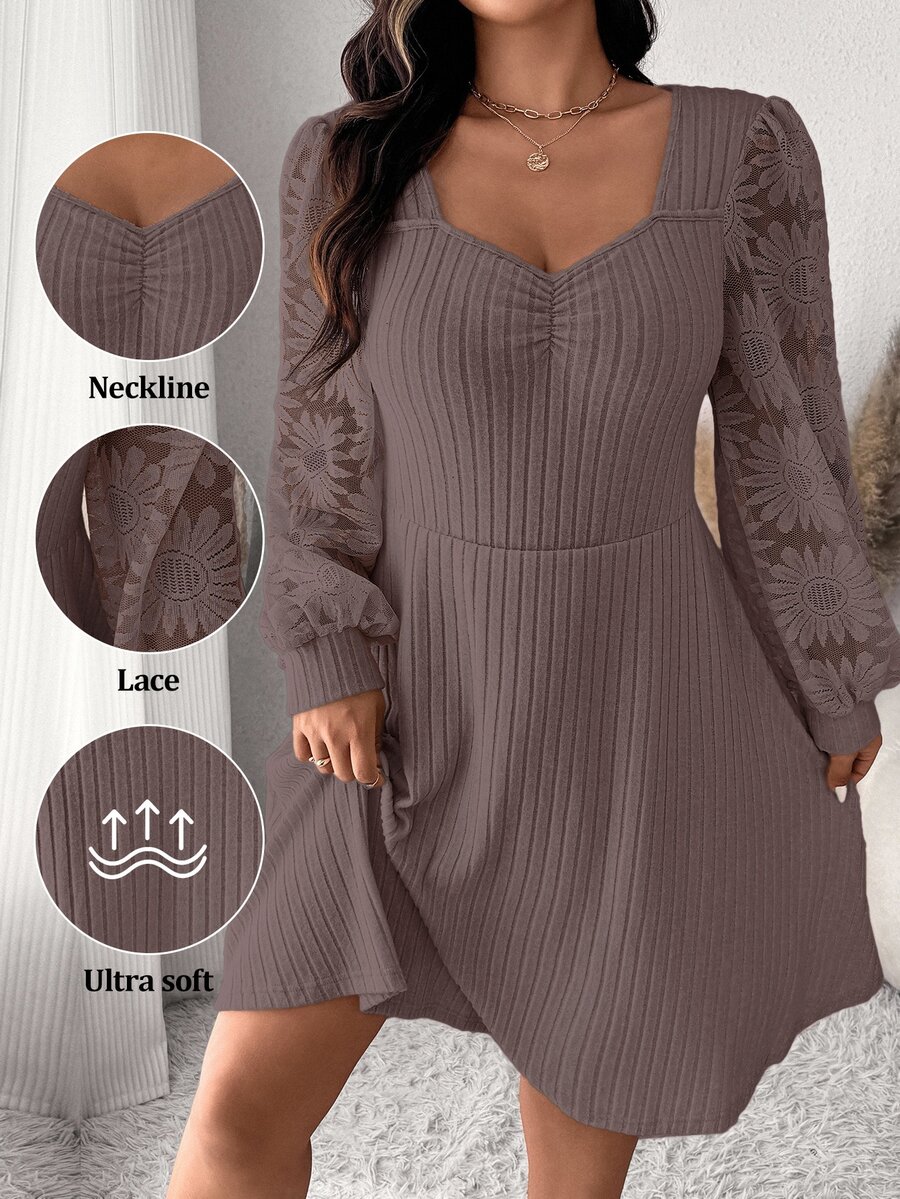 SHEIN Frenchy Plus Size Women's Solid Color Minimalist Long Sleeve Dress Fall - Coffee Brown - View 1
