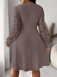 SHEIN Frenchy Plus Size Women's Solid Color Minimalist Long Sleeve Dress Fall - Coffee Brown - View 3