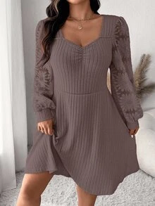 SHEIN Frenchy Plus Size Women's Solid Color Minimalist Long Sleeve Dress Fall - Coffee Brown - View 7