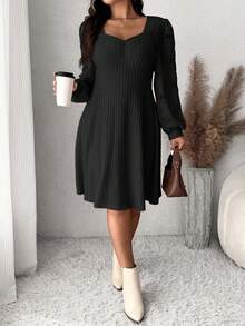 SHEIN Frenchy Plus Size Solid Color Sweetheart Collar Long Sleeve Casual Short Dress,Graduation Dress Fall - Black - View 3