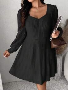 SHEIN Frenchy Plus Size Solid Color Sweetheart Collar Long Sleeve Casual Short Dress,Graduation Dress Fall - Black - View 4