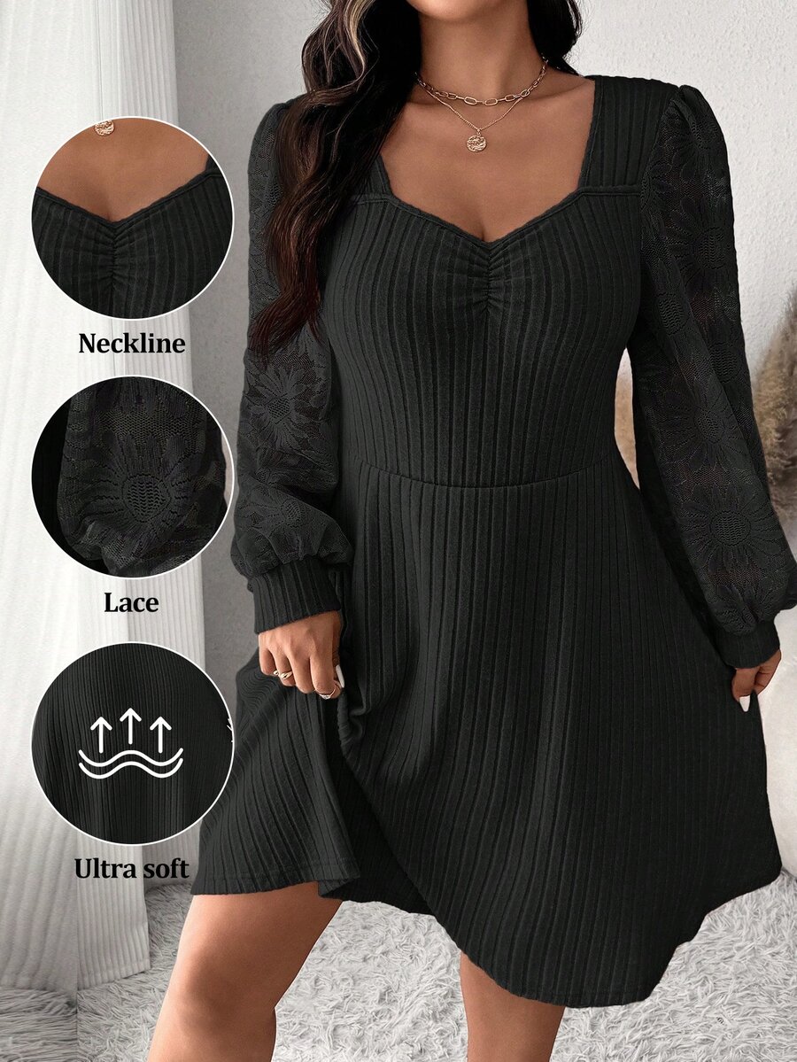 SHEIN Frenchy Plus Size Solid Color Sweetheart Collar Long Sleeve Casual Short Dress,Graduation Dress Fall - Black - View 1