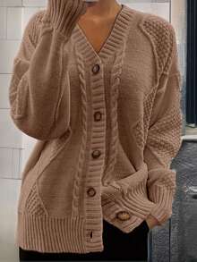 SHEIN Women's Casual Everyday Cable Knit Button Front Loose Cardigan, Autumn/Winter Fall Cloth For Women - Coffee Brown - View 3
